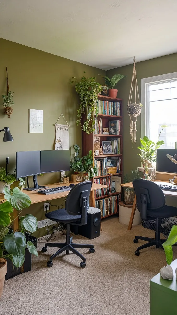 Transform your work from home setup with this shared home office design.  Olive green office walls and carefully chosen office space decor create a truly inspiring workspace.  The abundance of best office plants adds a touch of nature to this green office aesthetic, making it the perfect example of green office ideas and home workroom ideas.