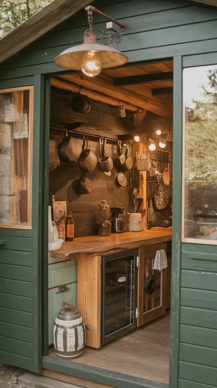Step into this cozy, rustic kitchen where earthy tones and wooden accents create a warm and inviting atmosphere. The dark green exterior complements the handcrafted wooden backsplash and hanging copper pots, while the wooden countertop and flooring add to the overall charm. A perfect blend of comfort and style.