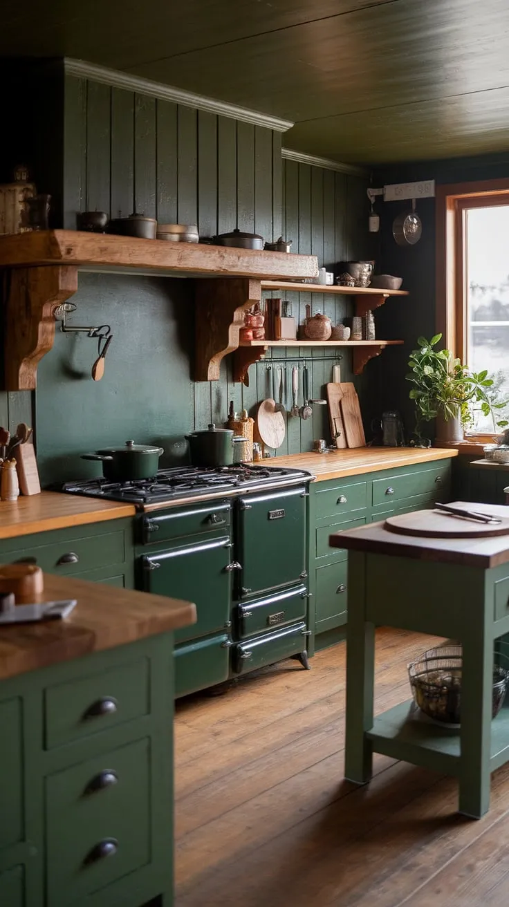 Warmth and character define this kitchen. The deep green cabinetry and wooden countertops create a stunning contrast, while the open shelving adds a touch of rustic charm. The wooden island is the perfect spot for meal prep, and the overall ambiance is one of cozy comfort and effortless style. A perfect blend of nature and functionality.