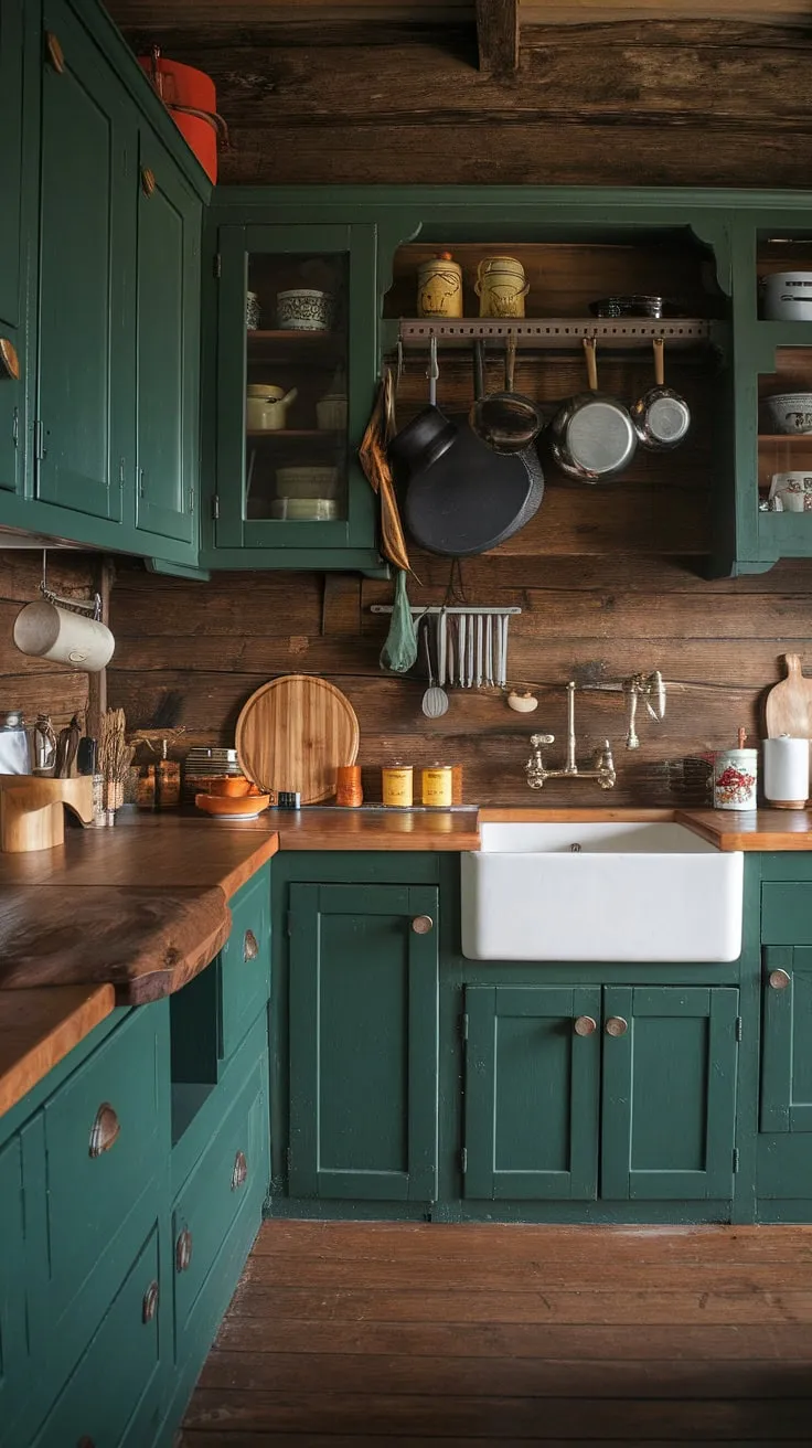 Step into this cozy, rustic kitchen where earthy tones and dark green cabinets create a haven of warmth. The wooden backsplash and countertops, paired with the white sink, add a touch of elegance to this inviting space. A perfect blend of style and functionality.