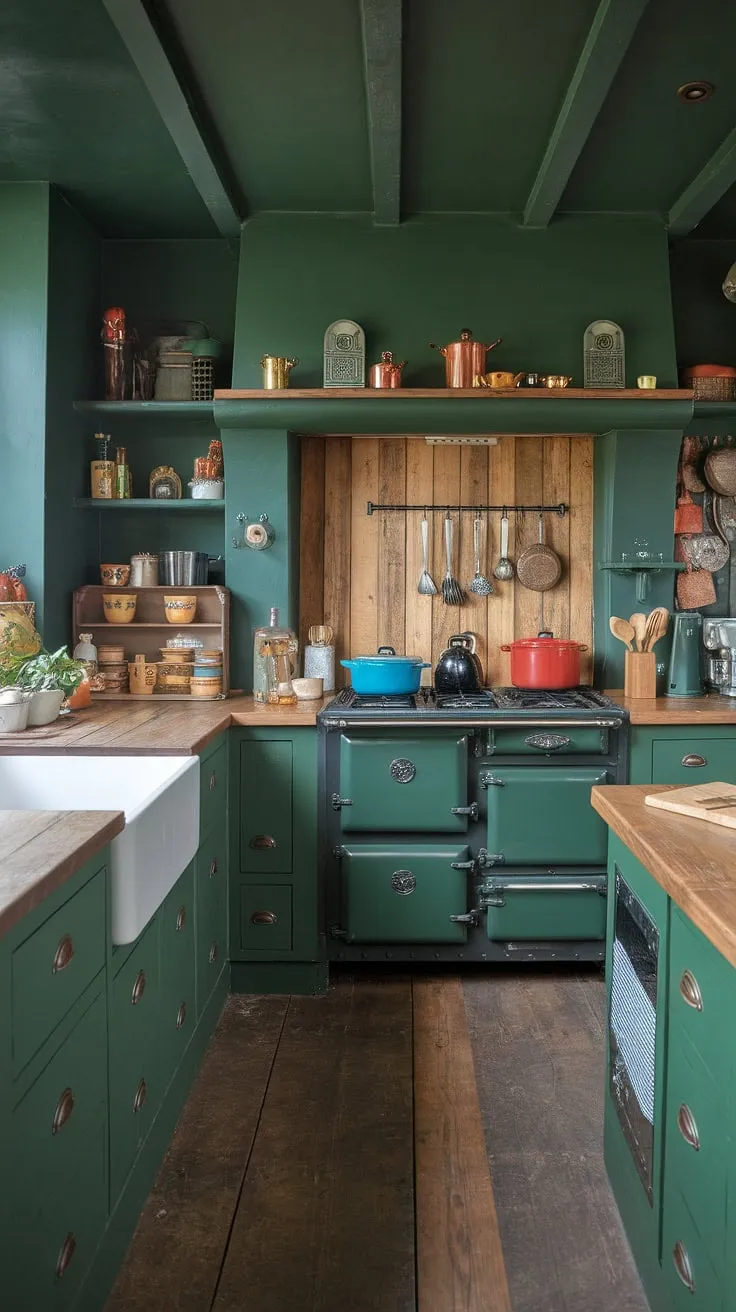 This rustic green kitchen, with its earthy tones and wooden countertops, is a haven of warmth and functionality. The dark green cabinets and wood backsplash create a cozy atmosphere, perfect for preparing meals and gathering with loved ones. A testament to simple elegance and timeless design.