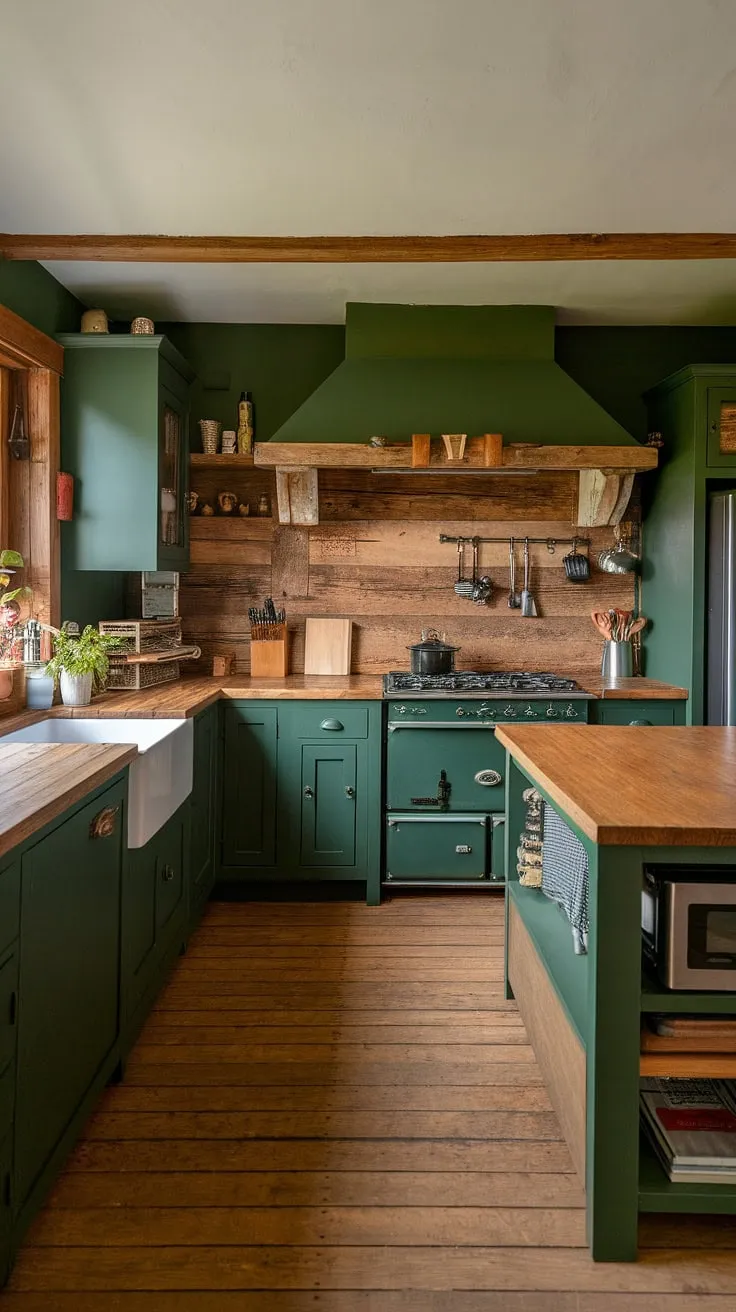 A haven of warmth and rustic charm, this kitchen's dark green walls and wooden countertops create a space that feels both modern and timeless. The detailed wood backsplash adds a touch of cabin-like coziness, making it the heart of the home. A truly inviting space for culinary adventures.