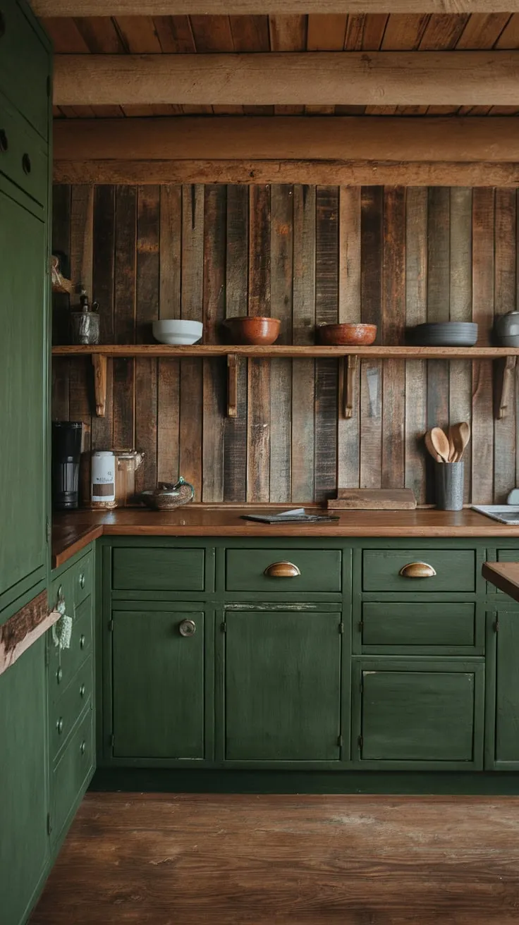 This rustic green kitchen, with its warm wood tones and handcrafted details, is a sanctuary of simple elegance. The earthy palette and natural materials create a calming atmosphere, perfect for preparing meals and enjoying the company of loved ones. A true haven.