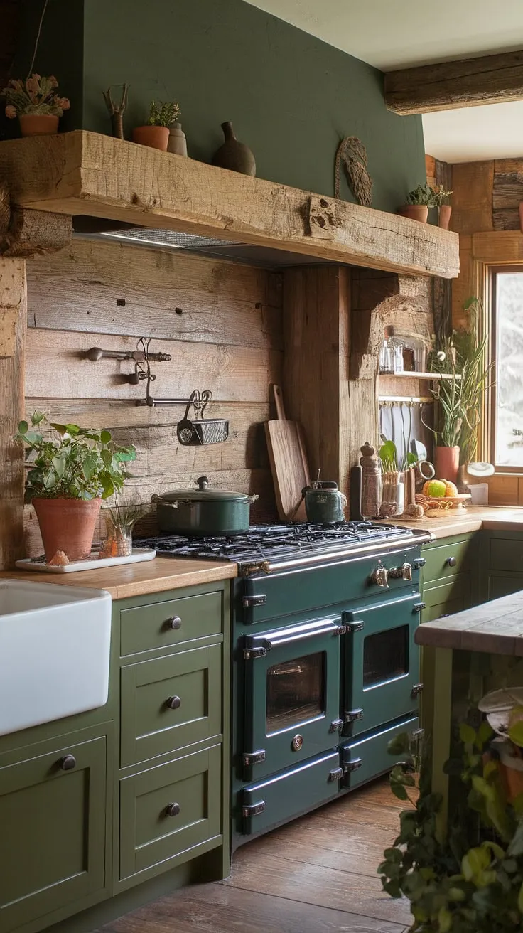 Imagine yourself unwinding in this inviting kitchen. The deep green tones, wood backsplash, and soft lighting create a tranquil space where culinary creativity flourishes. A sanctuary for both the heart and the soul, this kitchen is a testament to simple, elegant living.