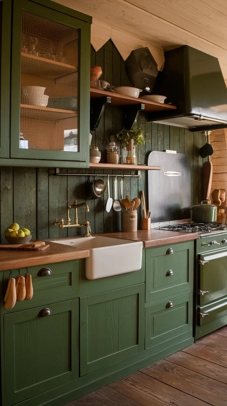 Imagine yourself in this charming kitchen, the scent of freshly baked bread filling the air. The deep green backsplash and rich wood cabinetry create a calming and inviting atmosphere. A space where simple pleasures and delicious meals are always on the menu.
