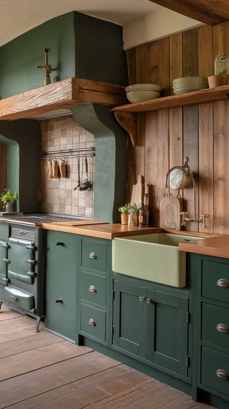 A symphony of green and wood, this kitchen whispers tales of simpler times. The aged stove and handcrafted details speak to a rich history, while the thoughtful design ensures a space that's both beautiful and practical. A true testament to rustic elegance.