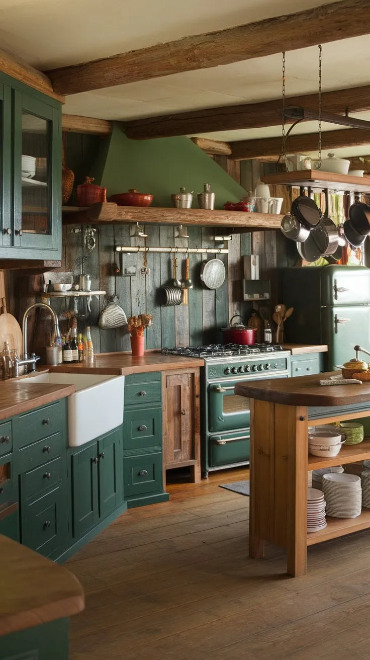 Step into this rustic kitchen, where earthy tones and a deep green palette create a warm and inviting atmosphere. The handcrafted wooden island, complete with hanging copper pots and pans, is the heart of this home, a testament to simple living and timeless style. A perfect blend of functionality and charm.