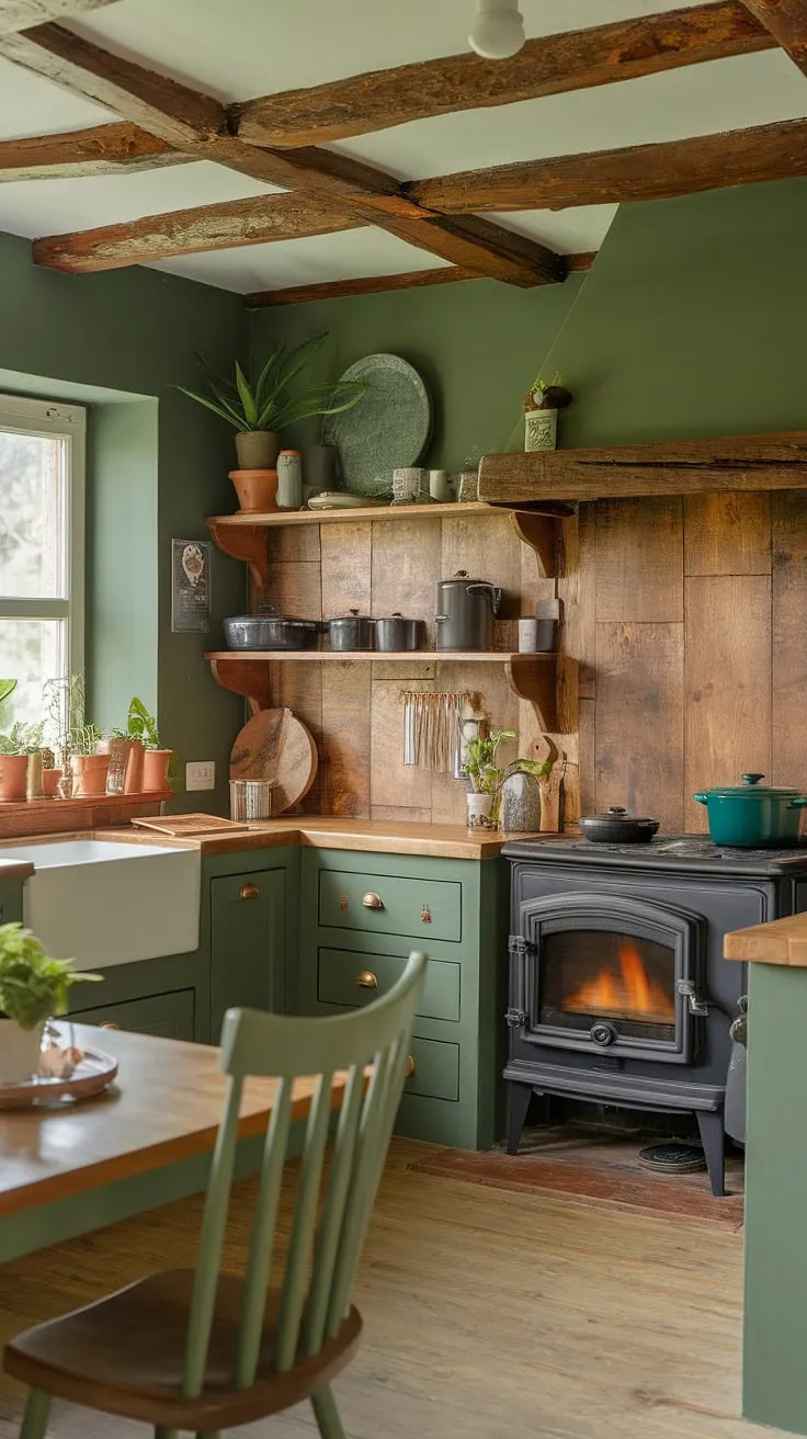 This rustic kitchen, with its green walls and wood-beamed ceiling, is the epitome of cozy cabin living. The warmth of the wood stove and the charming wooden shelves filled with well-loved cookware create a space that feels both lived-in and inviting. A perfect spot for gathering with loved ones and creating lasting memories.