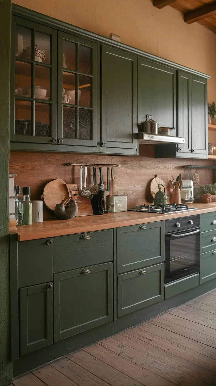 This rustic kitchen, with its deep green cabinets and warm wood tones, is a haven of cozy charm. The earthy color palette and natural materials create a space that feels both inviting and effortlessly stylish. A perfect blend of modern convenience and timeless appeal.