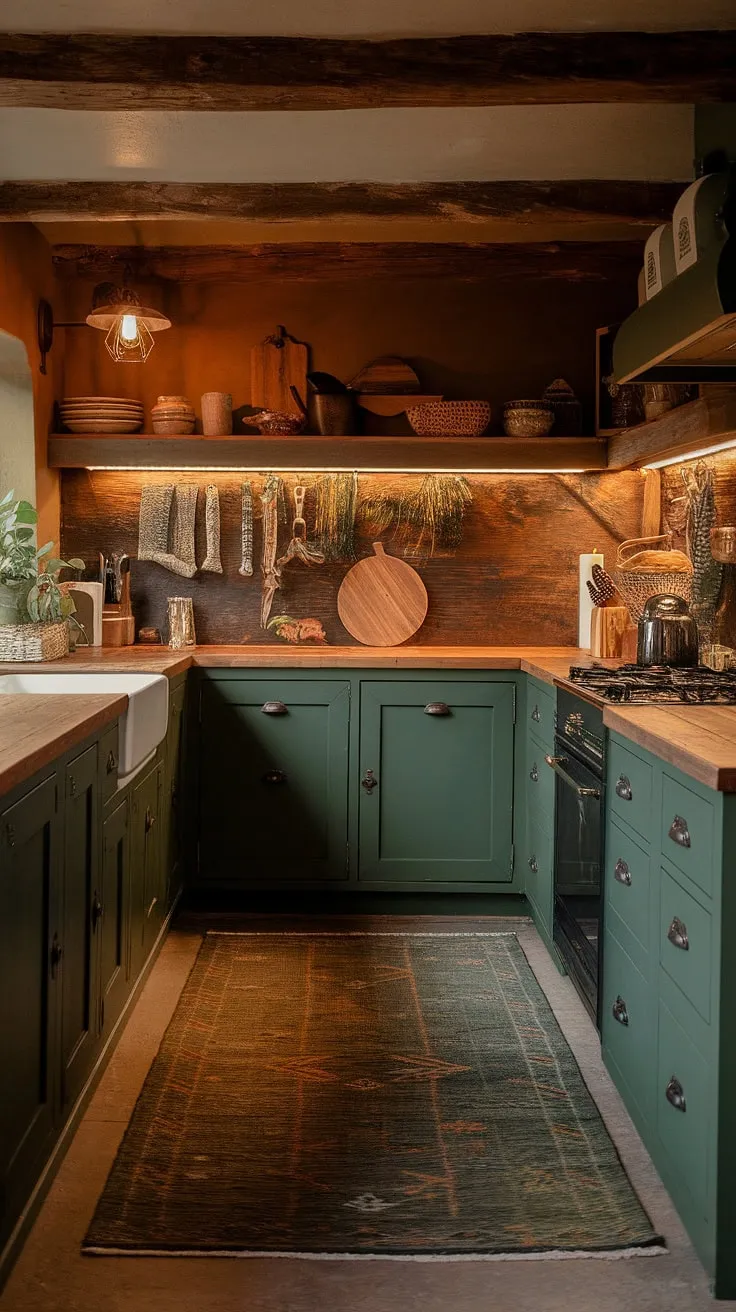 A dream kitchen realized: dark green cabinets, warm wood countertops, and a unique cabin-style wood backsplash create a space that's both aesthetically pleasing and incredibly cozy. The earthy color scheme and warm lighting contribute to the inviting atmosphere, while the large rug adds a touch of warmth underfoot. A truly stunning and functional space.