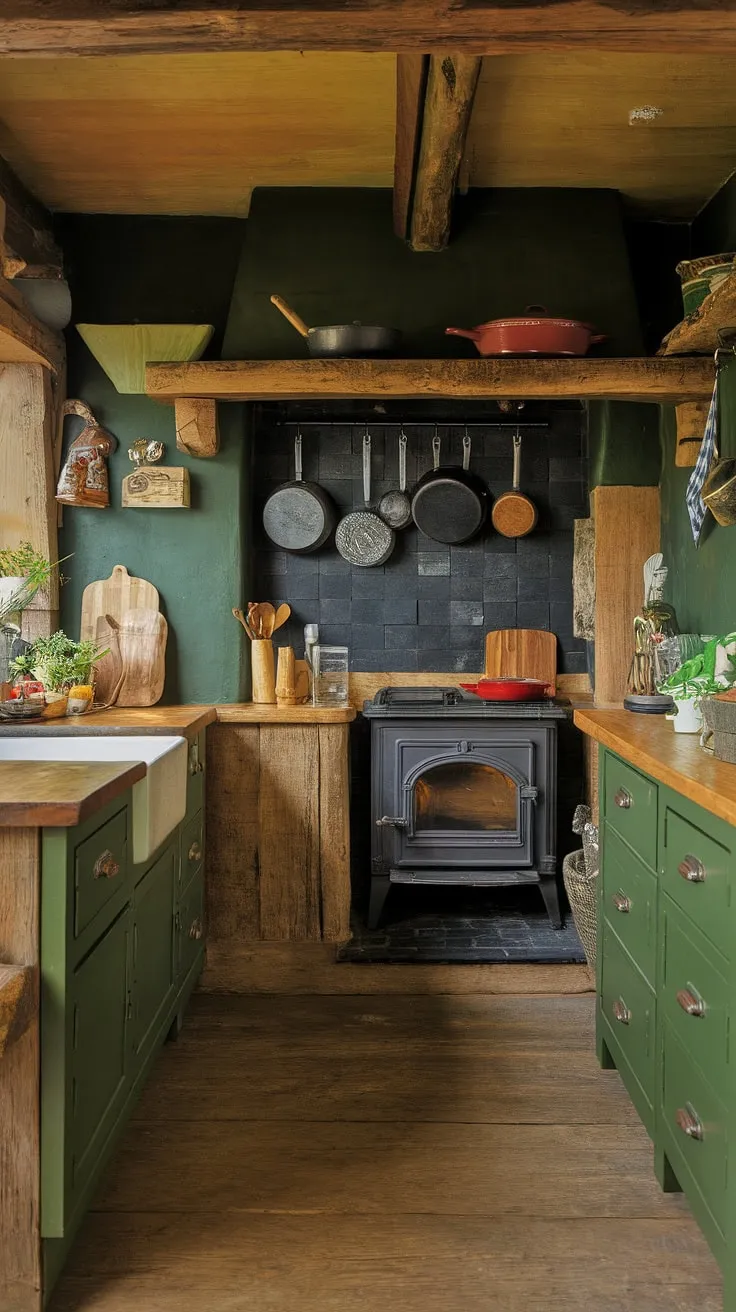 Cozy cabin kitchen dreams are made of this: rich wood tones, a rustic wood-burning stove, and a deep green backsplash create a space that's both inviting and functional. The handcrafted wooden countertops and hanging copper pots add to the charming, lived-in feel. A perfect blend of rustic charm and modern practicality.