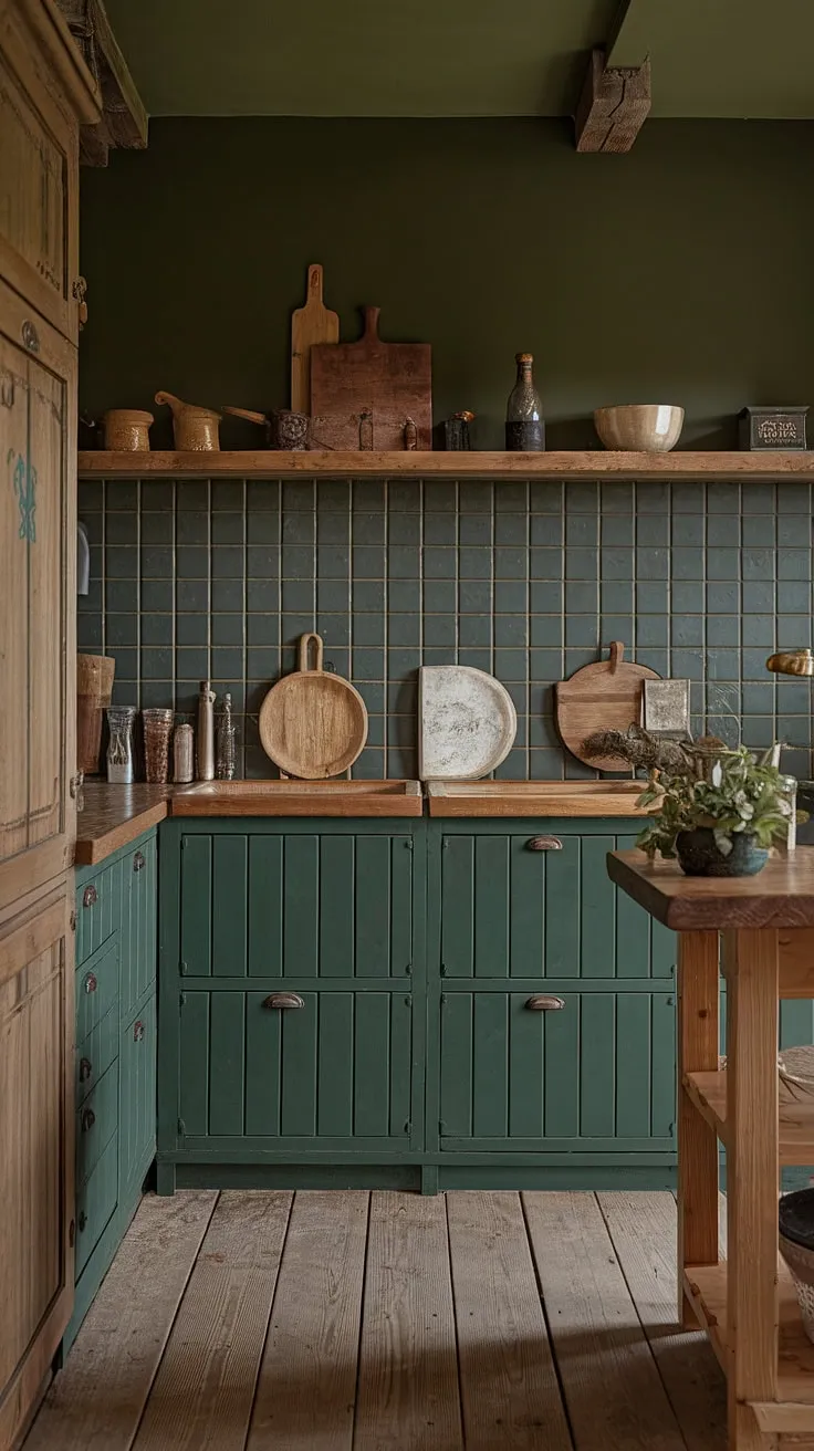 Imagine yourself cooking in this cozy, green-toned kitchen. The dark green walls and wooden accents create a rustic charm, while the warm lighting makes it feel incredibly inviting. A space designed for both functionality and tranquility.