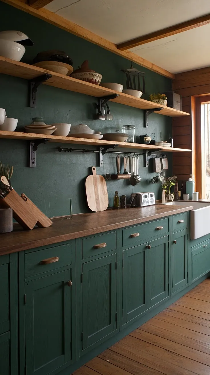 A haven of calm awaits in this charming kitchen. The deep green hues, combined with the rich wood tones, create a space that feels both rustic and refined. A truly inviting place to gather and create culinary memories.