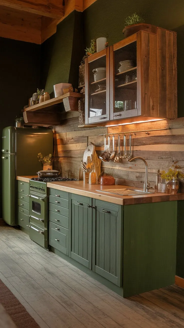 This rustic green kitchen is a dream come true; the warm lighting and earthy tones create a cozy and inviting atmosphere. The wooden countertops, cabin-style backsplash, and dark green walls blend seamlessly, resulting in a space that feels both modern and timeless. A perfect blend of comfort and style.