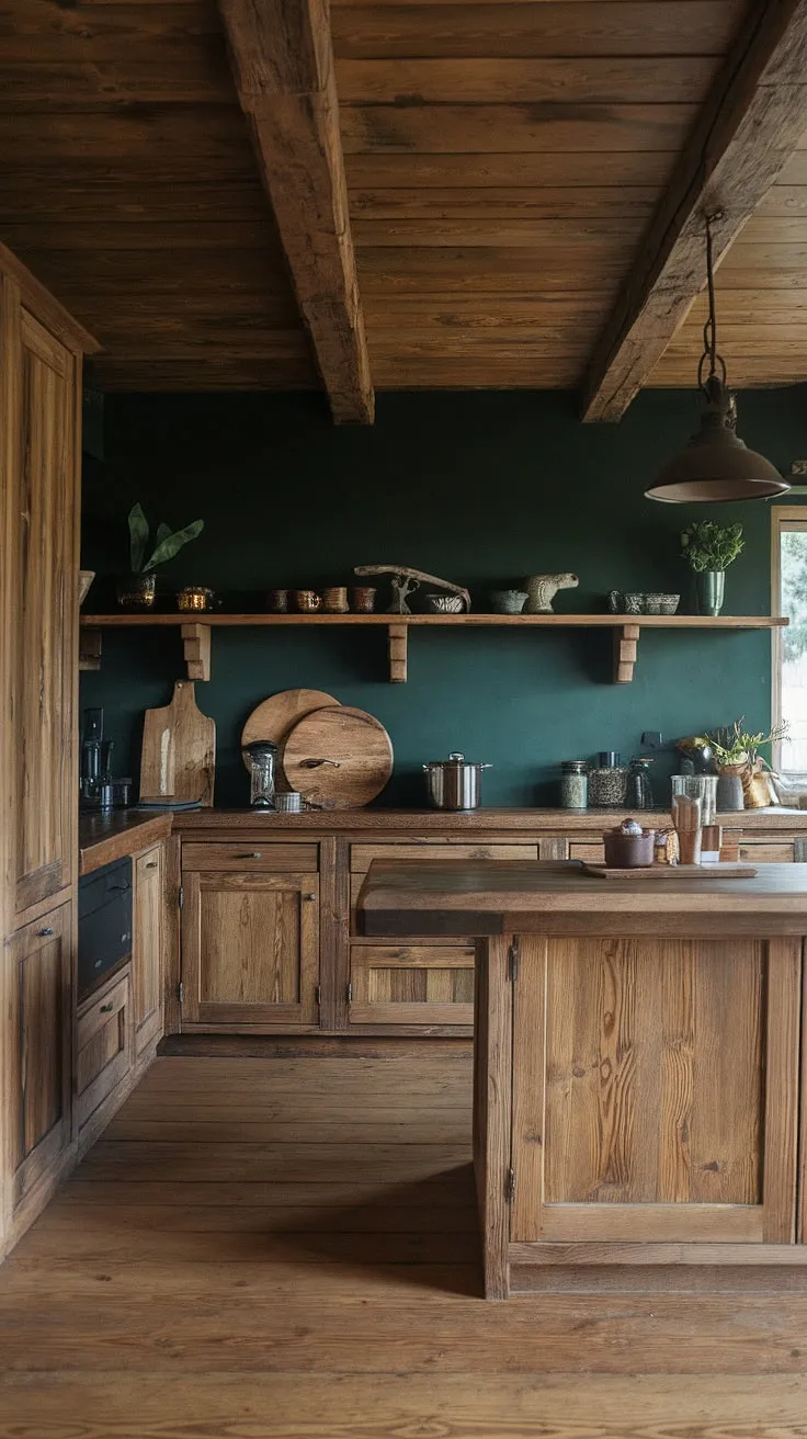 Nestled in the heart of the cabin, this all-wood kitchen, with its dark green backsplash and cozy wood-beamed ceiling, offers a rustic charm that's both inviting and undeniably warm. The earthy color scheme and wood backsplash create a space perfect for quiet evenings and cherished moments.