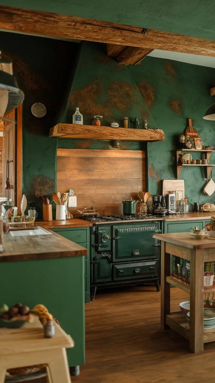 This cozy kitchen is a testament to the beauty of simplicity. The deep green walls and wooden accents create a calming atmosphere, while the functional design ensures everything is within easy reach. A haven for culinary creativity and heartwarming gatherings.
