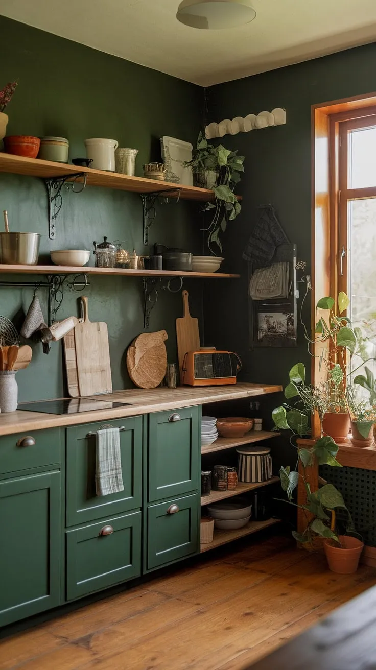 This dark green rustic kitchen is a dream come true. A testament to cozy living, the wooden floors and shelves, filled with the necessities and a few well-loved items, create a space that feels both lived-in and utterly inviting. The natural light streaming in through the window, illuminating the potted plants, adds to the tranquil ambiance. A truly special place to gather and create.