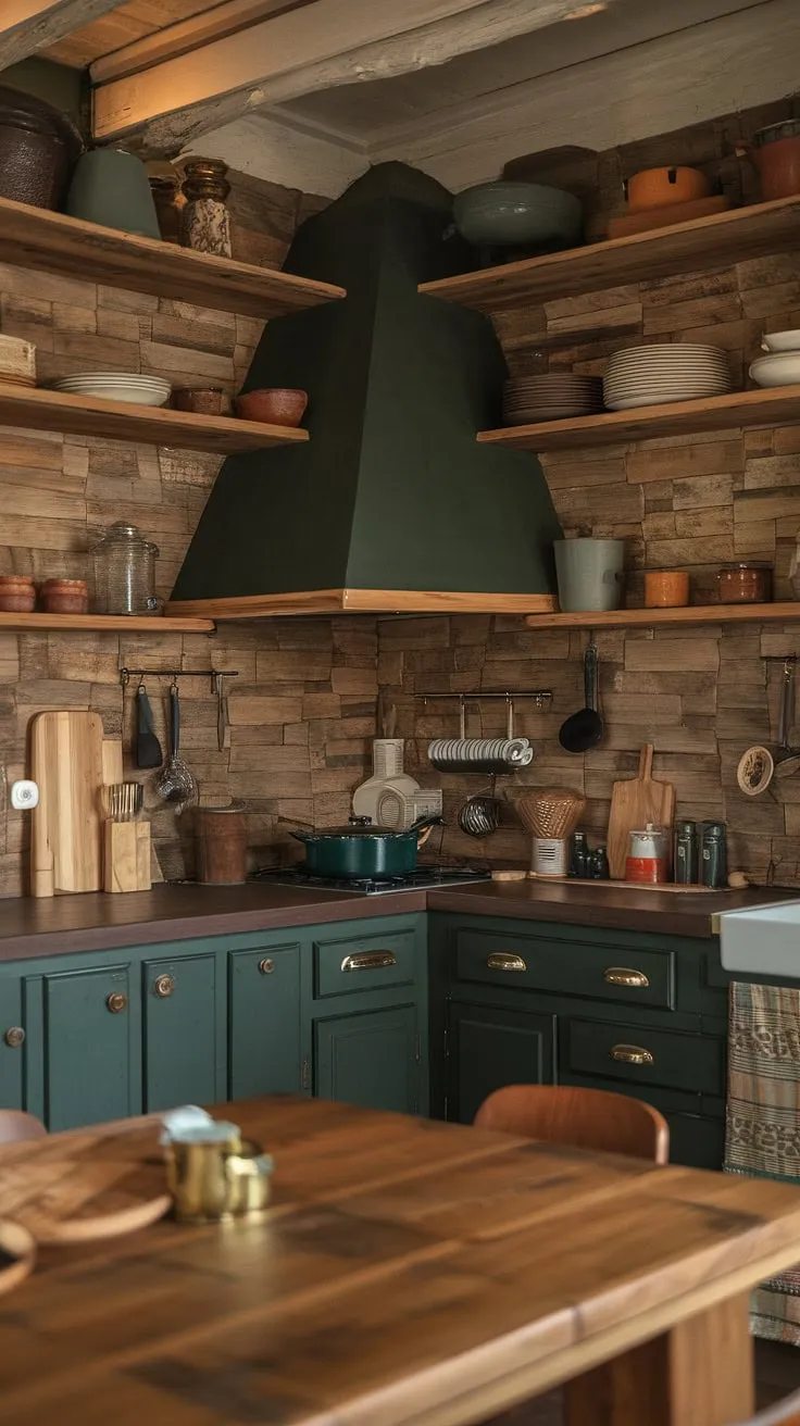 This rustic kitchen, with its deep green accents and warm wood tones, is the heart of the home. The handcrafted details and earthy color palette create a space that feels both cozy and inviting, perfect for gathering with loved ones and creating lasting memories. A true testament to simple, sustainable living.