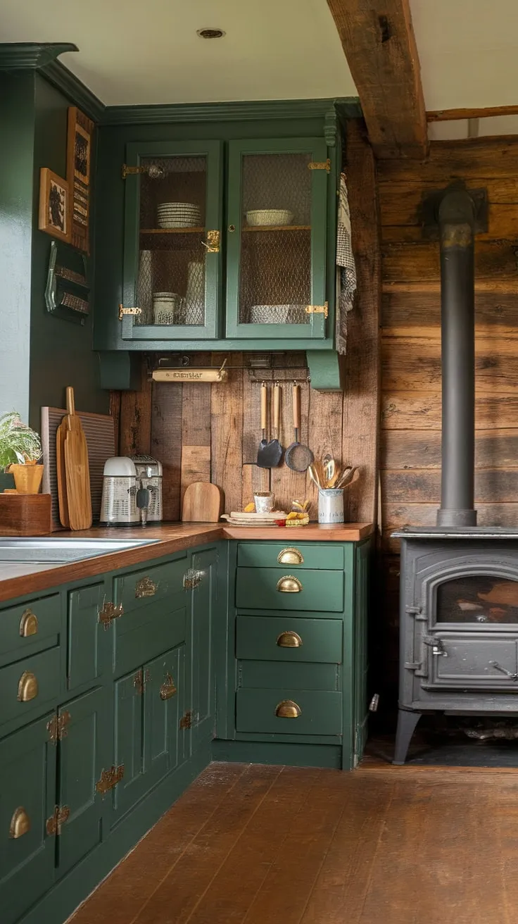 This rustic kitchen, with its dark green cabinets and warm wood backsplash, is the epitome of cozy cabin living. The vintage wood stove adds a touch of old-world charm, creating a space perfect for quiet evenings and heartwarming meals. A perfect blend of rustic elegance and functional design.