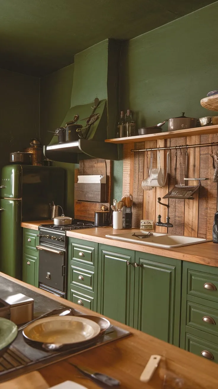 This rustic green kitchen, with its warm wood countertops and cabin-style backsplash, is the heart of the home. The earthy color palette creates a cozy and inviting atmosphere, perfect for preparing meals and gathering with loved ones. A space where memories are made, one delicious dish at a time.