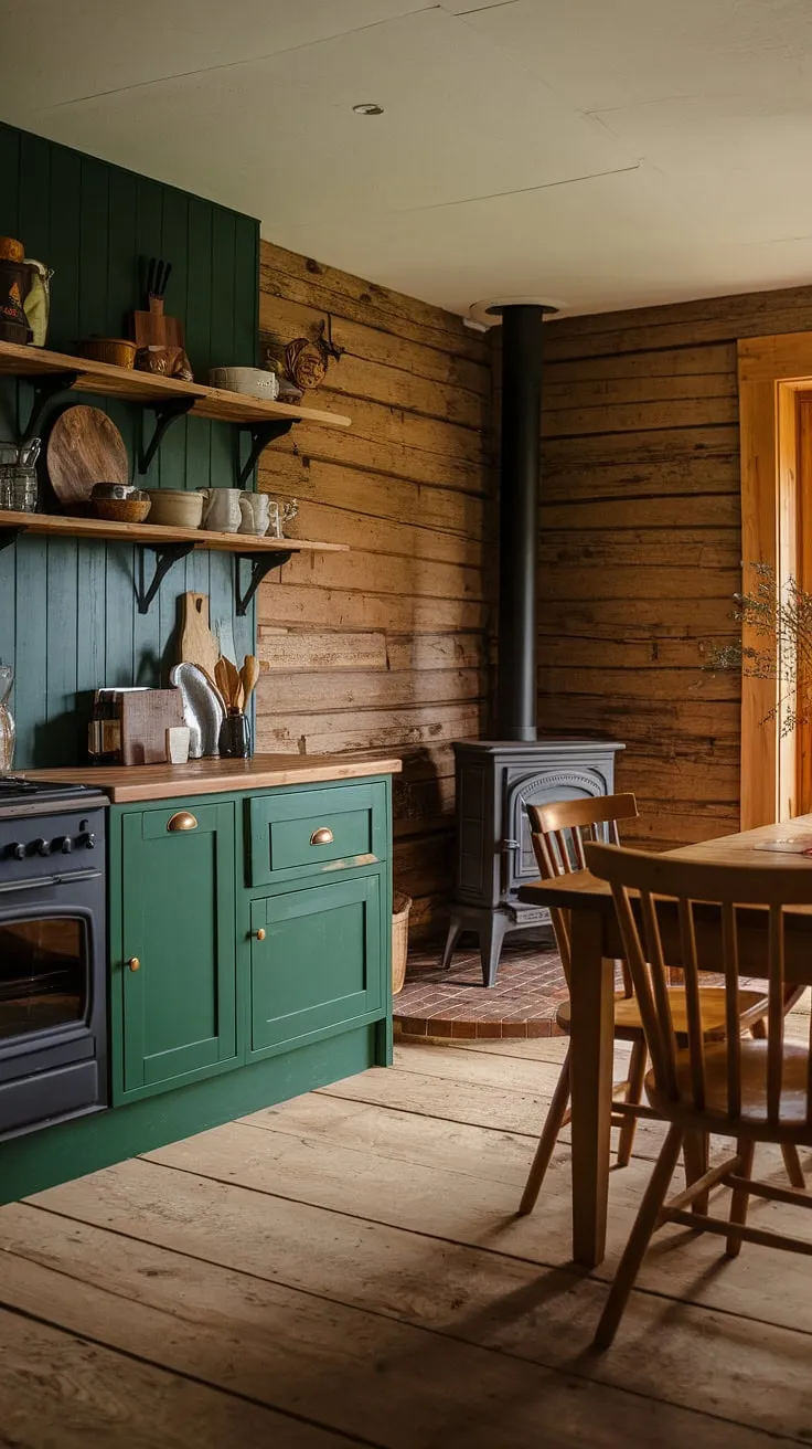 This rustic kitchen is a dream come true. The rich, earthy tones of the wood and the deep green accents create a space that feels both inviting and sophisticated. A wood-burning stove adds warmth and character, making it the heart of this charming home.