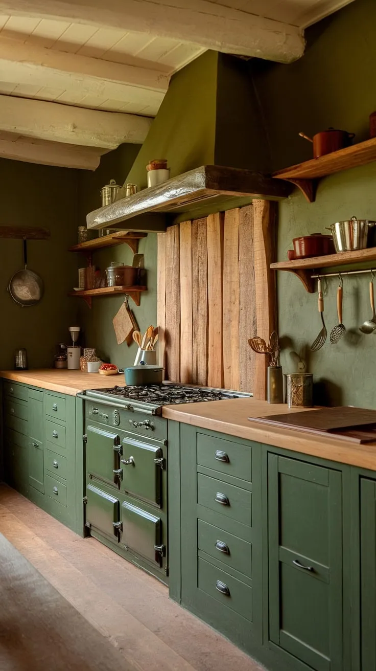 Warm lighting illuminates this rustic kitchen, where dark green walls and wooden countertops create a cozy and inviting atmosphere. The wooden backsplash and shelves, filled with well-loved cookware, add to the homey feel, making it the perfect space for creating delicious meals. A testament to simple elegance and timeless design.