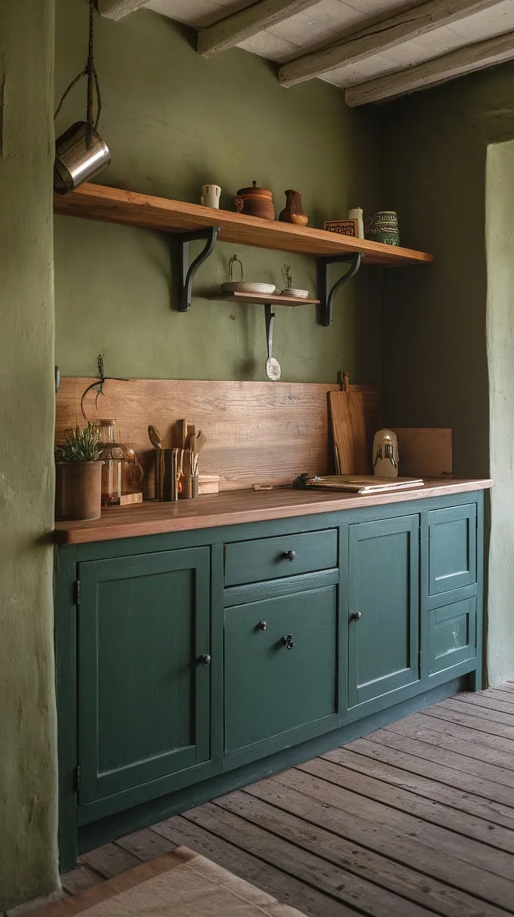 The heart of the home: a rustic kitchen bathed in calming greens and warm woods. The dark green cabinets, wooden shelves, and wood plank floors create a space that's both aesthetically pleasing and wonderfully functional. A place where memories are made, one delicious meal at a time.