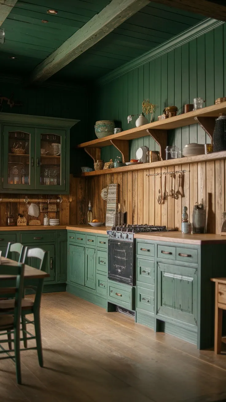 Warm lighting illuminates the rustic charm of this kitchen, where dark green walls and wood paneling create a cozy atmosphere. The aged wood cabinets and stone countertops tell a story of time and craftsmanship, while the wooden shelves above add a touch of rustic elegance. This space is a testament to the beauty of simple living.