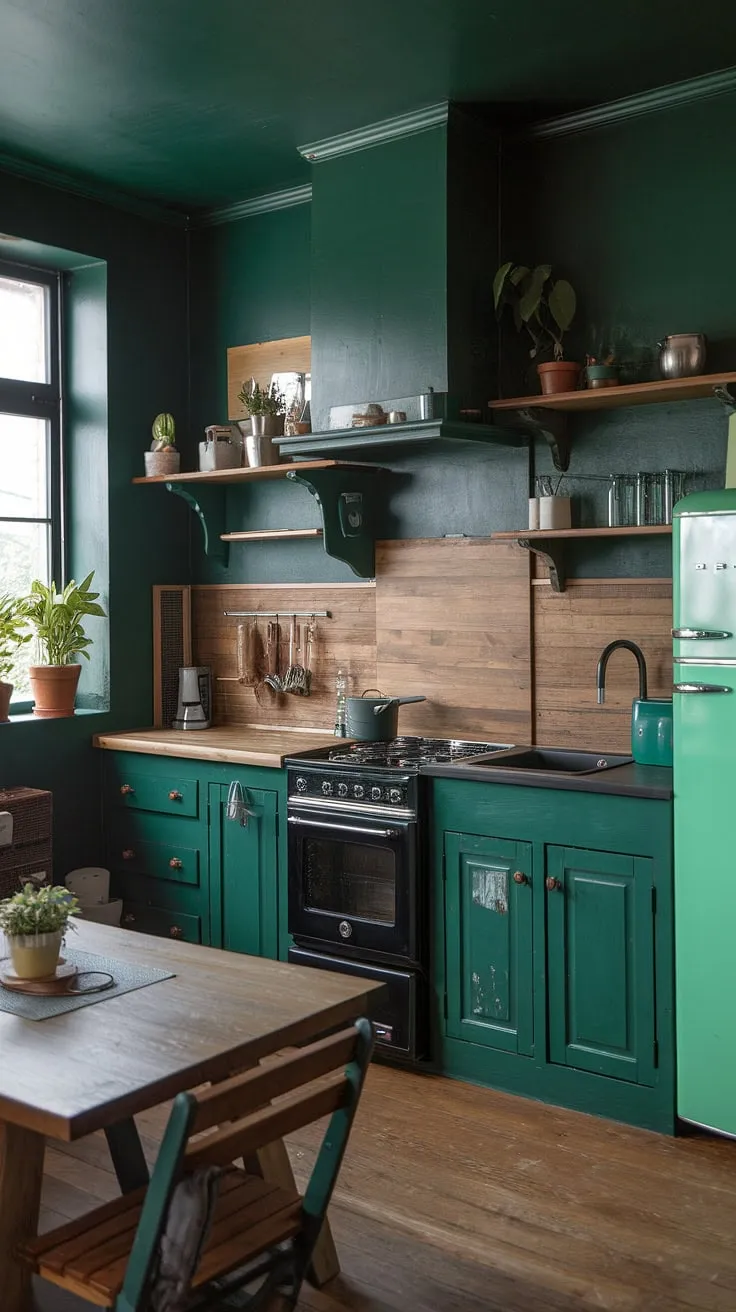Imagine waking up to the scent of freshly brewed coffee in this charming kitchen. The dark green walls and wooden details create a calming atmosphere, while the potted plants add a touch of life and vibrancy. A haven of tranquility where culinary adventures begin.