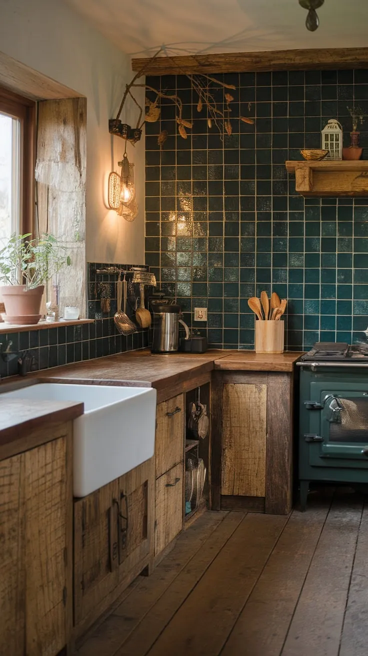 The warm glow of the cabin's heart, a rustic kitchen where stories are simmered and memories are made. Dark green tiles gleam under the soft light, complementing the rich wood countertops and worn wooden floors. A perfect blend of comfort and character, this space whispers tales of cozy evenings and hearty meals.