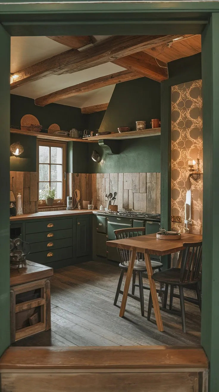 Sunlight streams into this rustic kitchen, warming the dark green walls and wooden beams. The handcrafted wooden backsplash and cozy wooden table create a cabin-like atmosphere perfect for quiet evenings and heartwarming meals. A sense of calm and comfort pervades this space, a true sanctuary.