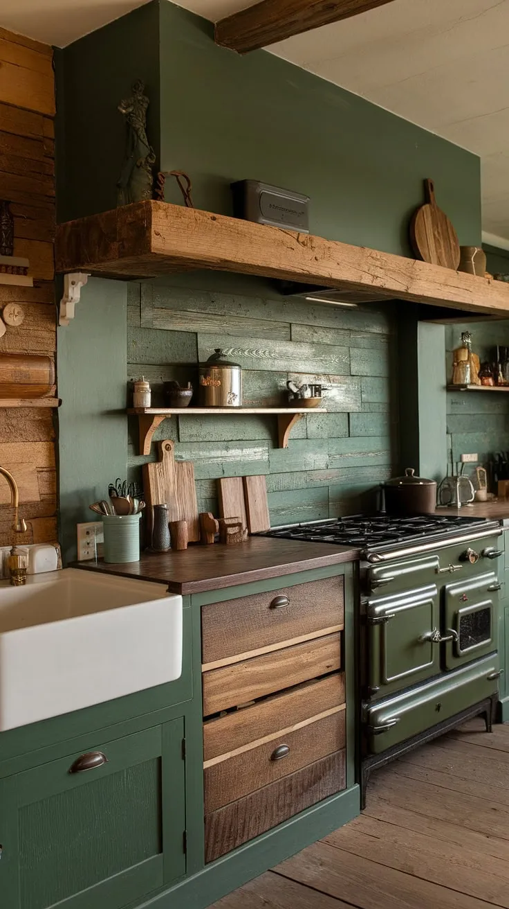 This rustic kitchen, with its deep green hues and wood plank backsplash extending to the ceiling, is the epitome of cozy charm. The vintage stove and wooden shelving add to the homey atmosphere, creating a space where culinary adventures unfold in a warm and inviting setting. A perfect blend of old-world charm and modern functionality.