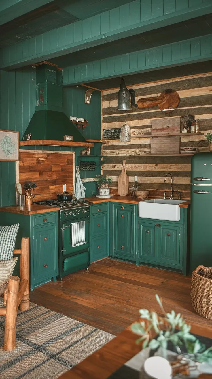 This rustic green kitchen is a dream come true; the wood-paneled walls and deep green cabinets create a cozy and inviting space perfect for quiet evenings and heartwarming meals. The natural light enhances the cabin-like aesthetic, making it a truly special place to gather.