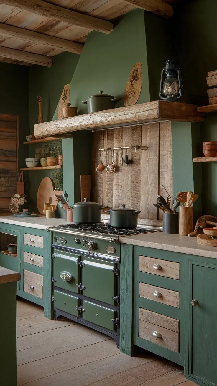 A haven of tranquility, this kitchen's deep green walls and light stone countertops create a serene atmosphere. The rustic wooden elements, including the backsplash and shelving, add a touch of warmth and character. A space designed for both culinary creativity and peaceful moments.