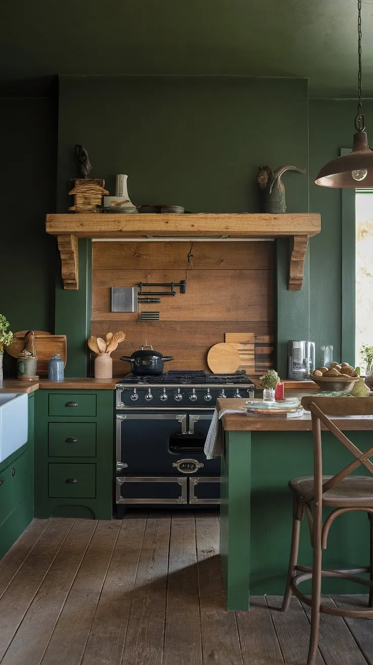 This rustic kitchen, painted a deep, inviting green, is a haven of warmth and earthy charm. The wooden backsplash and shelving add texture and character, while the natural light filtering through the window creates a cozy atmosphere perfect for gathering with loved ones. A sense of calm and comfort permeates every detail.