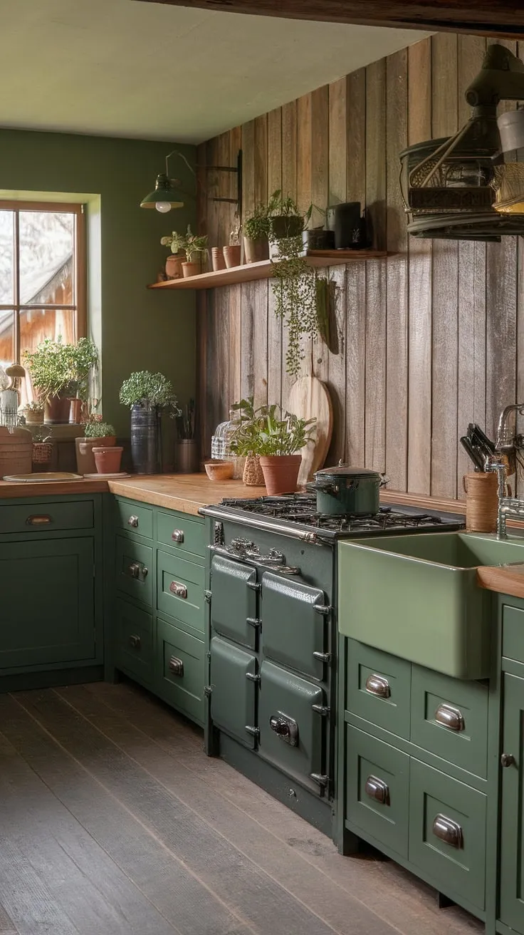 This rustic kitchen, with its deep green cabinets and warm wood tones, is a haven of cozy comfort. The vintage details and abundant greenery create a space that feels both lived-in and utterly charming. A perfect blend of old-world charm and modern functionality.