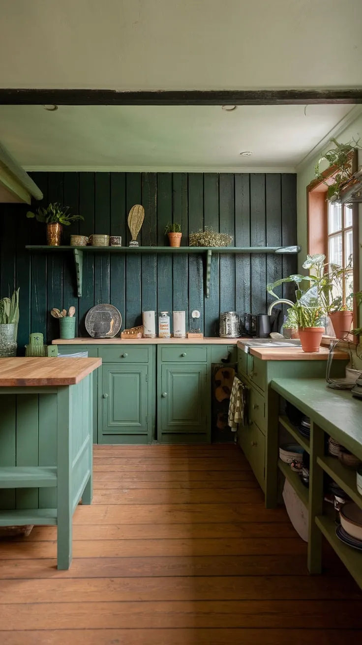 Step into this serene, rustic kitchen where a calming green palette reigns supreme. The dark green backsplash and cabinetry create a cozy, cabin-like atmosphere, complemented by the warm wood floors and a touch of greenery. A perfect blend of rustic charm and modern functionality.