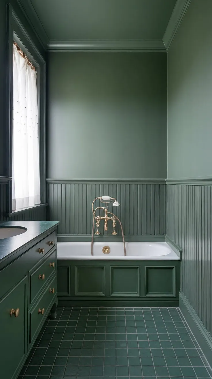 Serene escape in this small master bath, featuring a stunning green wainscoting bathroom design. The olive green and gold bathroom accents perfectly complement the muted green bathroom walls and green vanity powder room ideas, creating a small dark green bathroom that feels surprisingly spacious.