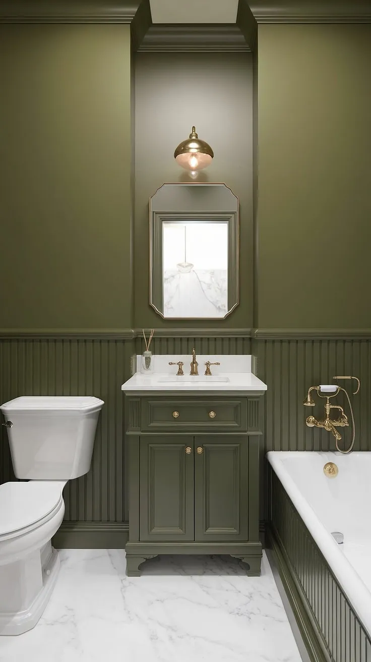 This small master bath, painted a sophisticated olive green, showcases the beauty of a green wall bathroom decor. The green wainscoting adds texture and depth, complemented by a matching green vanity and gold accents. The white marble floor and fixtures create a bright contrast, making this muted green bathroom feel spacious and luxurious. Perfect examples of green vanity powder room ideas and small dark green bathroom ideas, this olive green and gold bathroom and olive green and white bathroom design proves that even a small full bathroom can be elegant.