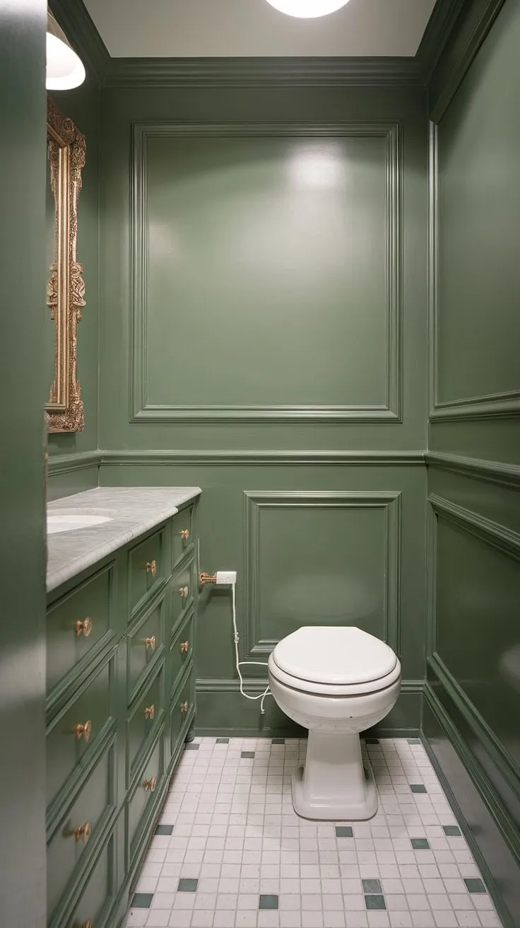 Small dark green bathroom ideas don't have to be gloomy! This green full bathroom, featuring green wall bathroom decor and a stunning green wainscoting bathroom, showcases how a thoughtful color palette can transform a small master bath green oasis. The green vanity powder room ideas are perfectly complemented by the white and green tiled floor.