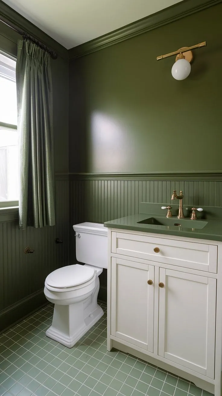 This small master bath, painted a muted green, showcases a charming blend of olive green and gold accents. The green wainscoting bathroom adds depth, complemented by the green wall bathroom decor and a white vanity with a striking green countertop and gold faucet. Green vanity powder room ideas are perfectly realized in this space, which also features a green sink with a matching gold faucet and green and white tiled floor. The olive green and white bathroom palette creates a serene atmosphere, making it a perfect example of small dark green bathroom ideas for a full bathroom.