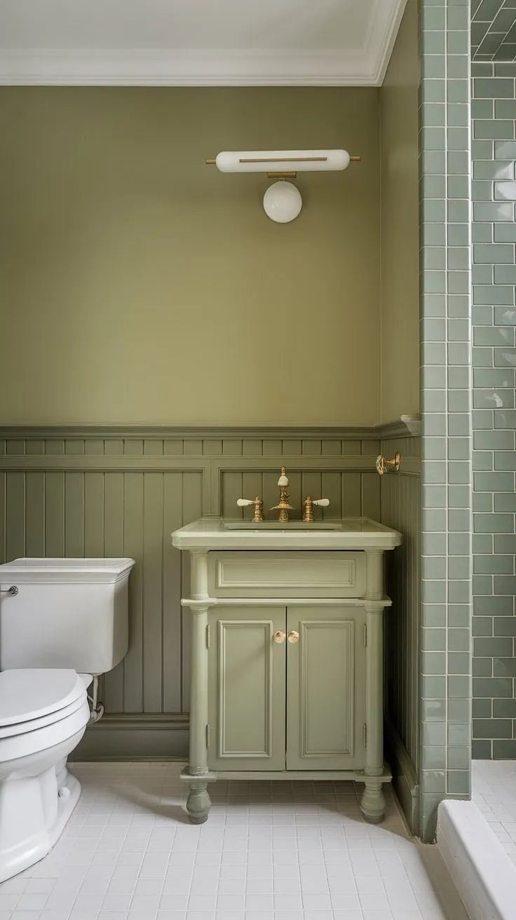 A small master bath, brimming with charm: green wainscoting bathroom, olive green and gold bathroom accents, and a muted green wall create a serene, sophisticated space. Green vanity powder room ideas perfectly realized.