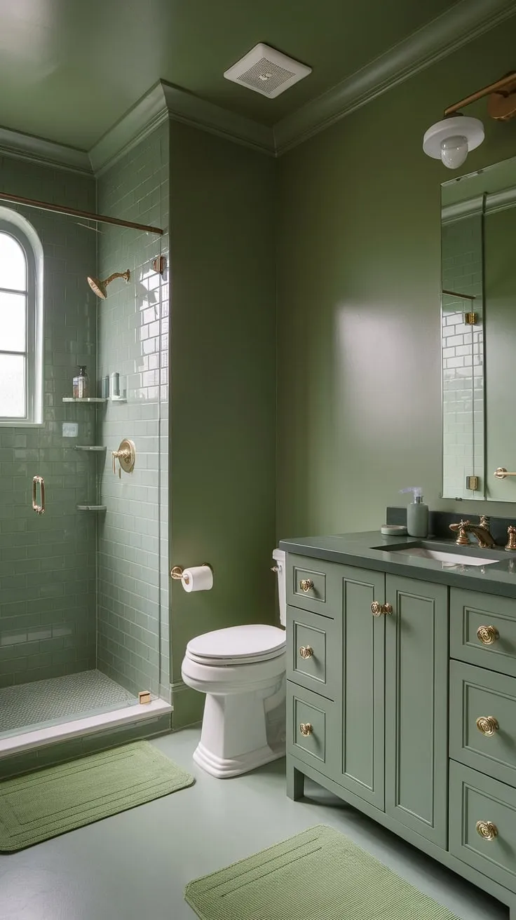 This muted green bathroom, a study in serene sophistication, showcases a green vanity powder room with gold hardware, perfectly complementing the olive green and gold bathroom accents. The green painted bathroom walls, featuring green wainscoting, create a calming atmosphere, while the olive green and white bathroom palette brightens the space. Even in its small size, this small master bath green design proves that a small dark green bathroom can be both stylish and functional, thanks to clever use of light and space. The green full bathroom is completed with a white toilet and shower with green tiles, and a small green area rug adds a touch of texture.