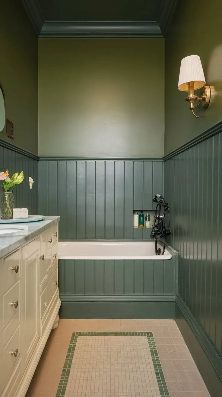 Small but mighty! This green painted bathroom boasts a stunning green wainscoting bathroom design, proving that a small dark green bathroom can be both stylish and functional. The olive green and white bathroom palette, complemented by gold details, creates a sophisticated and calming atmosphere.