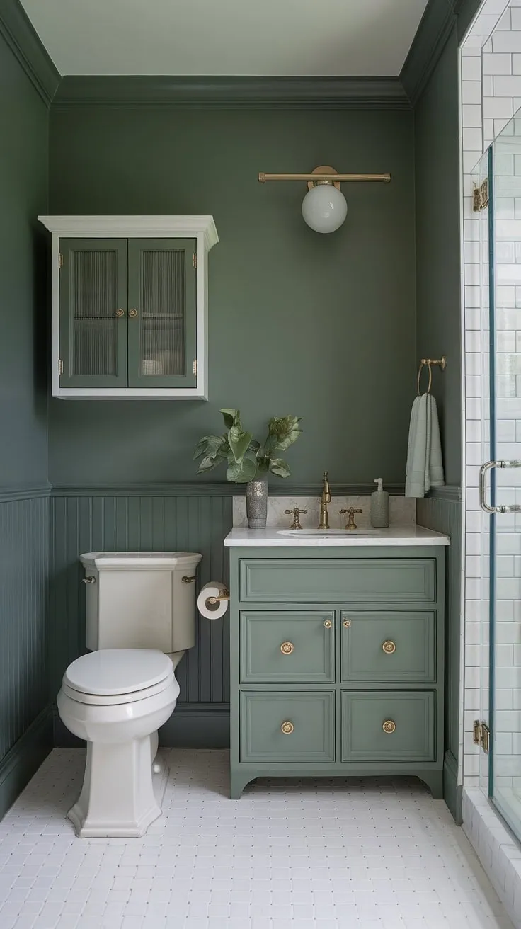 This small master bath proves that a muted green palette can create a luxurious and spa-like atmosphere. The green wainscoting bathroom, complete with a green vanity powder room ideas and olive green and gold bathroom accents, is a stunning example of small dark green bathroom ideas.