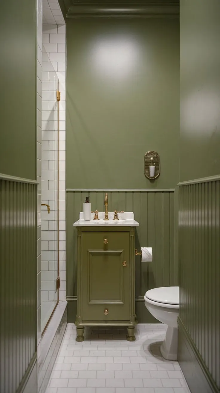 Serene sanctuary: This small master bath, featuring green wainscoting bathroom and a muted green wall bathroom decor, proves that even a compact space can be luxurious. The olive green vanity powder room ideas, paired with gold accents and white tile, create a sophisticated olive green and white bathroom.