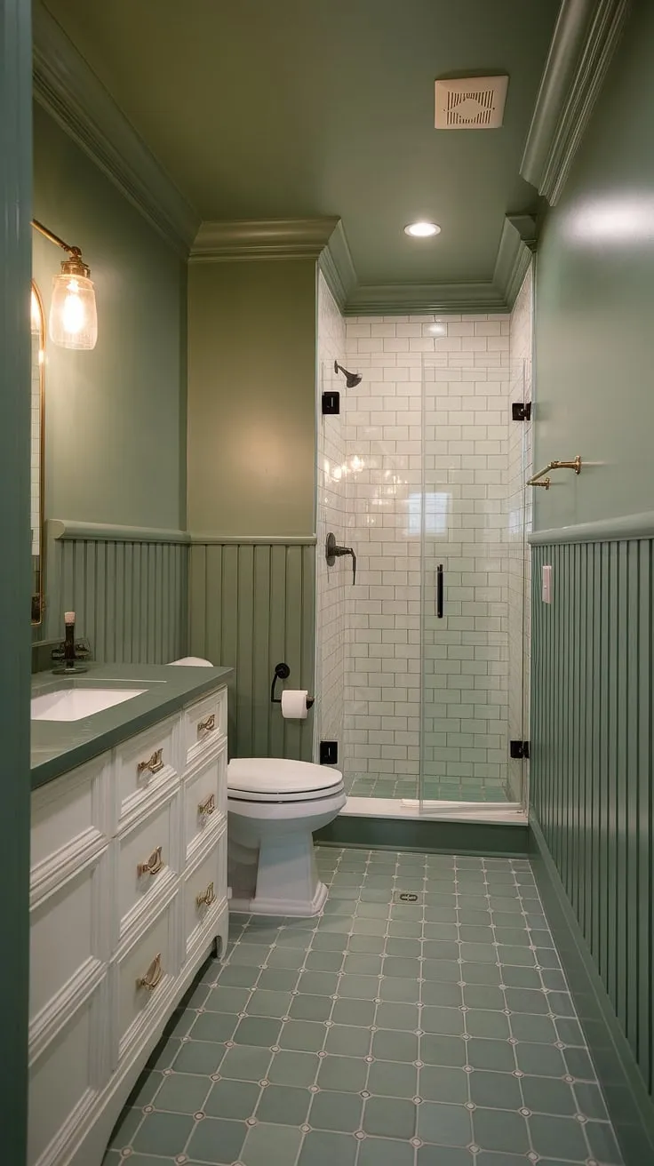 This small master bath, featuring green wainscoting and a green painted ceiling, proves that a muted green palette can create a sophisticated and spacious feel. The olive green and gold bathroom accents add a touch of luxury.