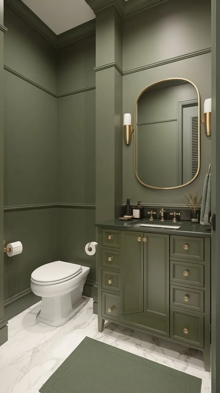 A serene olive green and white bathroom, this green painted bathroom showcases the beauty of a green wall bathroom decor. The green vanity, gold fixtures, and white marble floor make this small master bath green oasis a dream. Perfect green full bathroom inspiration for small spaces.