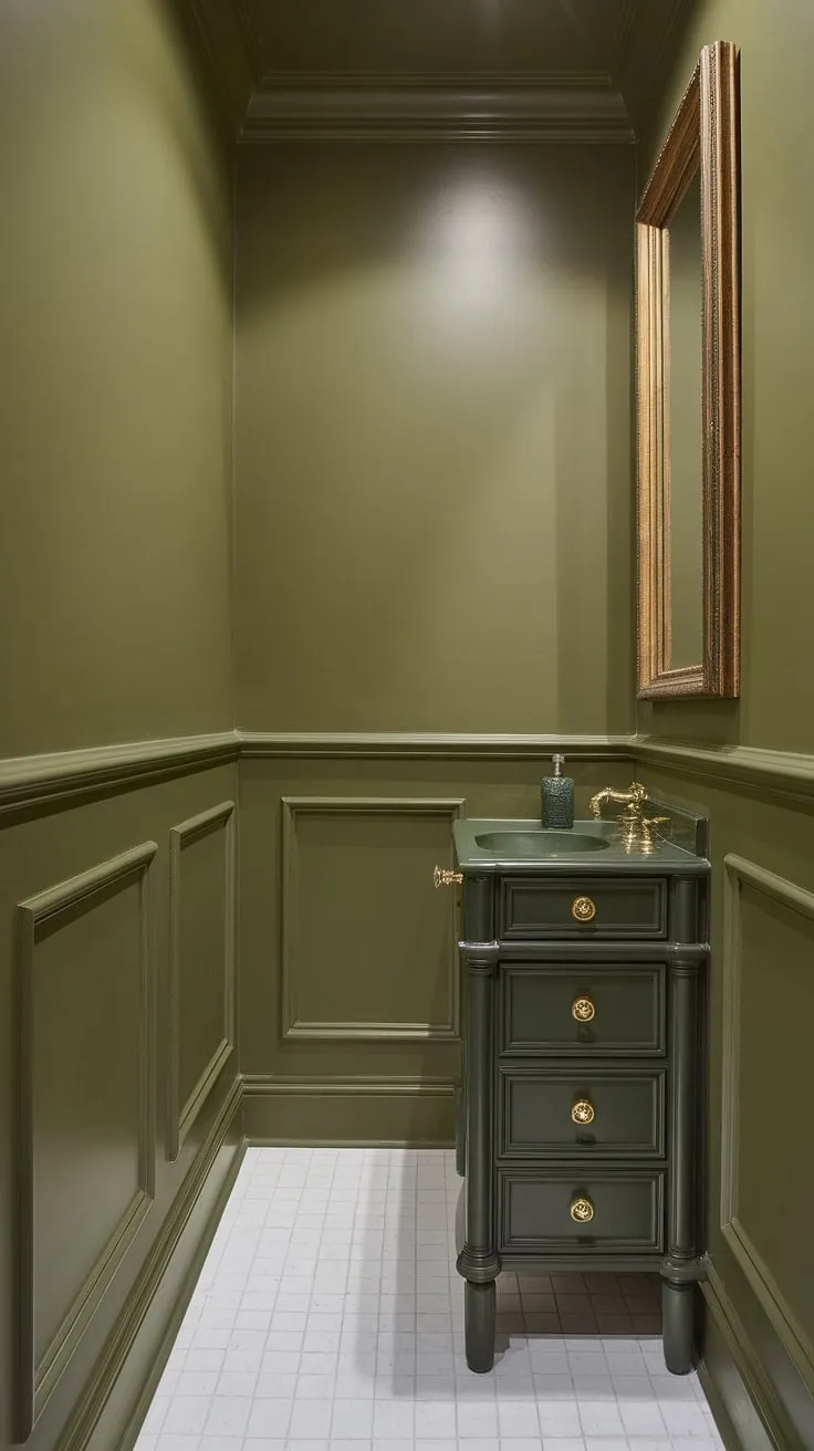 Serene escape: This small master bath, featuring green wainscoting bathroom and olive green and gold bathroom accents, proves that even a compact space can be luxurious. Green wall bathroom decor and a dark green vanity create a sophisticated, muted green bathroom.