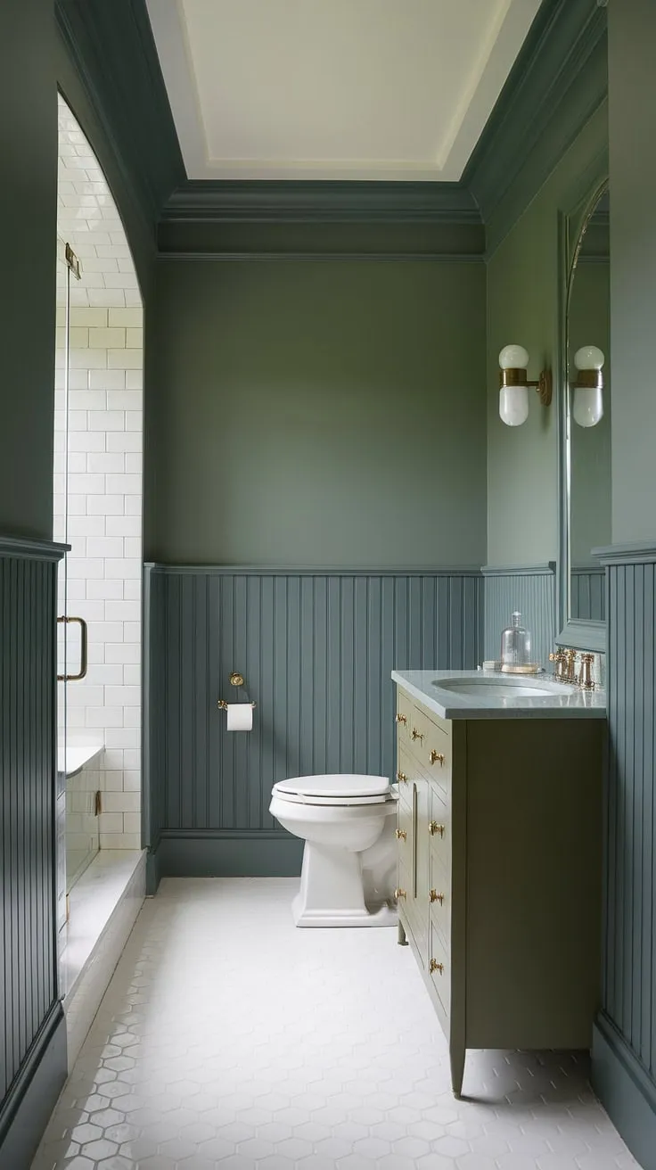 This small master bath, painted in a muted green palette, showcases the elegance of a green vanity powder room. The olive green and gold bathroom accents complement the dark green wainscoting bathroom perfectly, creating a sophisticated yet calming atmosphere. The white tile floor and ceiling brighten the space, offering a lovely contrast to the green wall bathroom decor. This green full bathroom, despite its compact size, feels spacious and luxurious, proving that small dark green bathroom ideas can be incredibly stylish. The olive green and white bathroom design is completed by a shower and window, adding practicality and light.